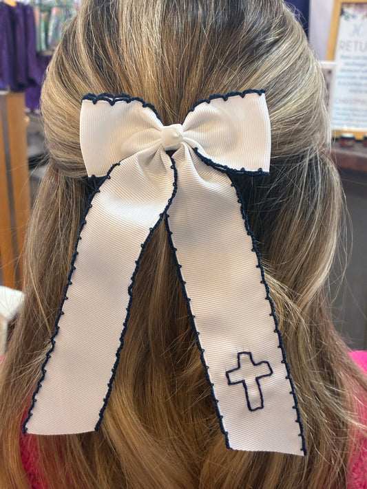 Ribbon White with Navy stitching cross