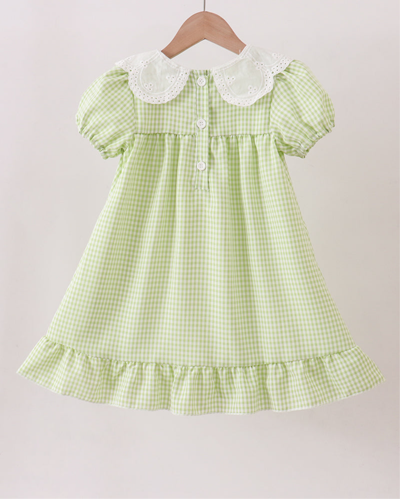 Green SCALLOPED COLLAR LACE GINGHAM RUFFLE DRESS