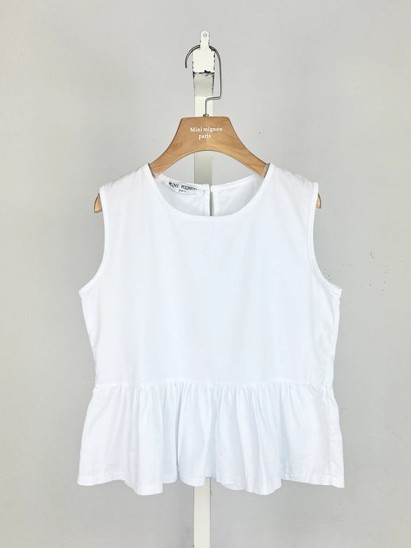 Girls' Plain Sleeveless Cotton Top with Ruffles in White