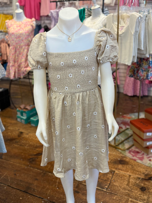 Daisy Embroidery Smocked Puff Sleeve Mini Dress