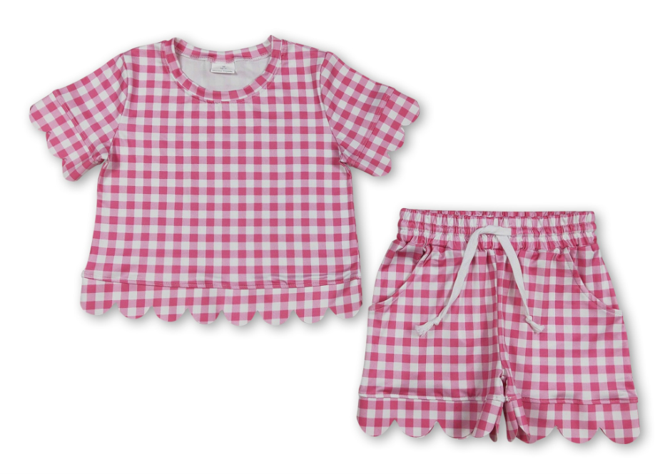 Short Sleeves Plaid Scallop Top Shorts Girls Outfits in pink