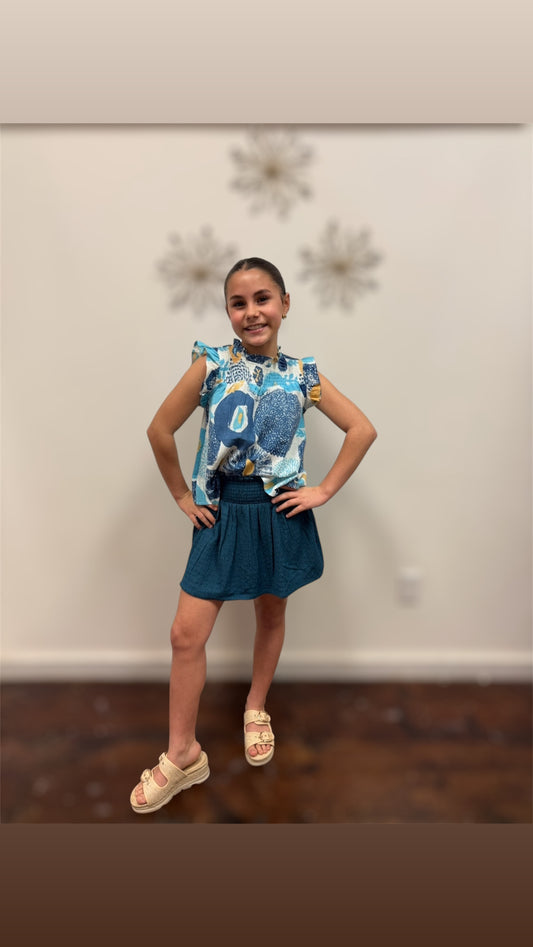 Girls Abstract Smocked Cotton Linen Tank