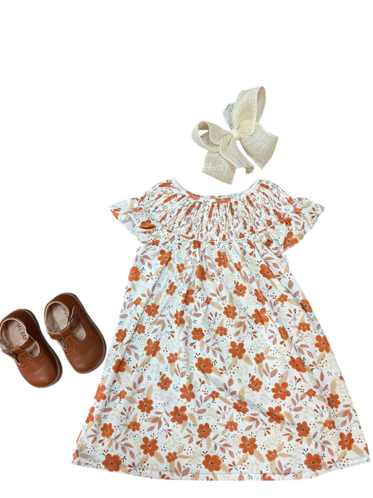 FALL FLORAL PRINT SMOCKED RUFFLE DRESS