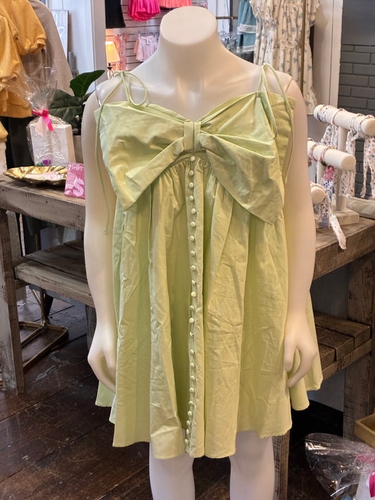 Light Green Bow Button Detail Dress