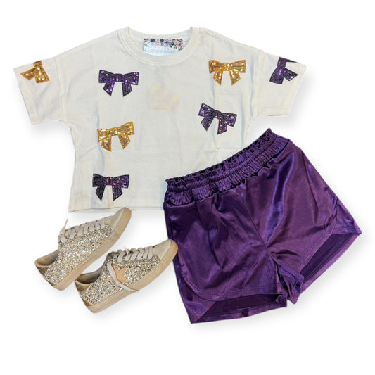 Girls Gameday Team Color Sequin Bow T Shirt in Purple/Gold
