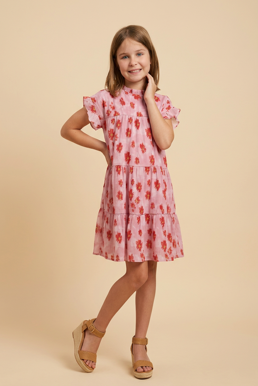 Girls Textured Floral Tiered Dress