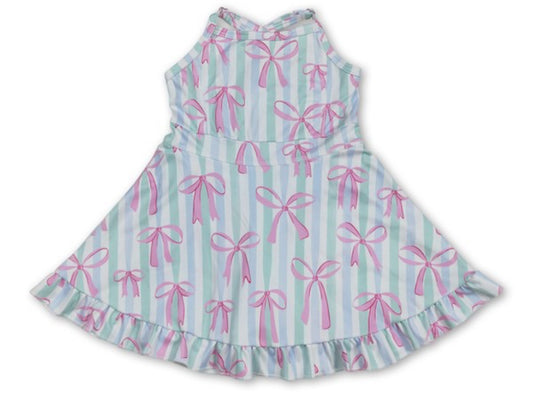 Straps Stripe Bow Ruffle Kids Girls Athletic Dress