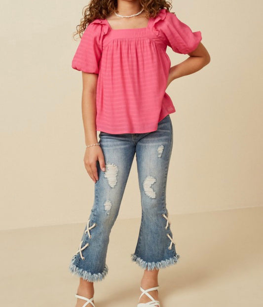 Square neck ruffle shoulder textured top