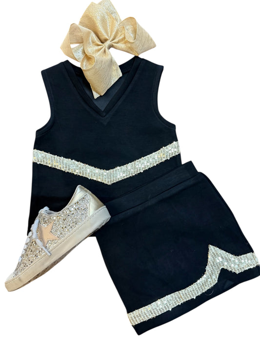 Game Day Cheer Top with Gold Sequin Stripe in Black