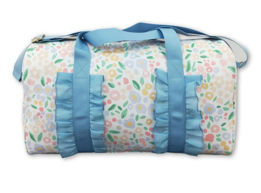 Light Blue Band Ruffle Floral Duffel Bags