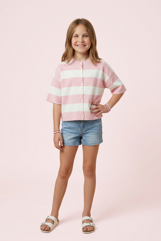Girls Striped Button Down Knitted Top