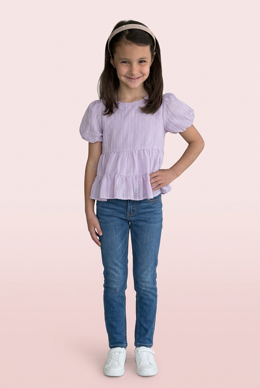 Girls Textured Stripe Puff Sleeve Tiered Top in Lavendeer