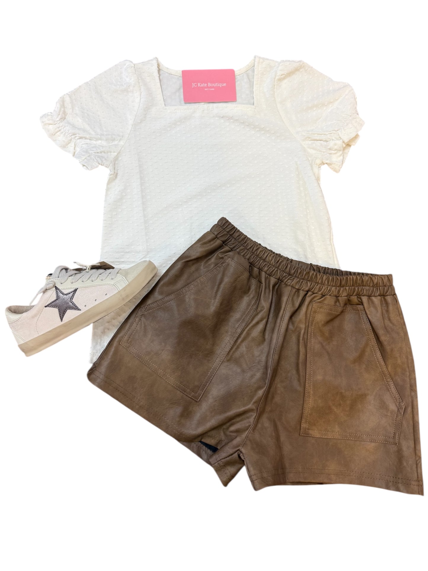Girls Knit Swiss Dot Square Neck Tee in Off White
