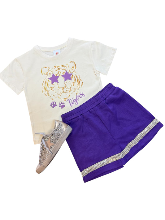 Game Day Gold Sequin Stripe Shorts in Purple