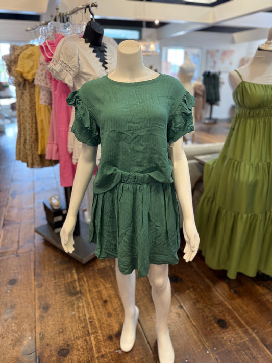 Dobbie Jacquard Ruffle Top in Forest Green