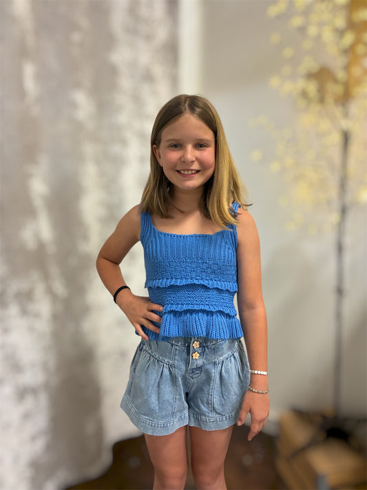 Ruffle Detail Sweater Tank Top in Blue