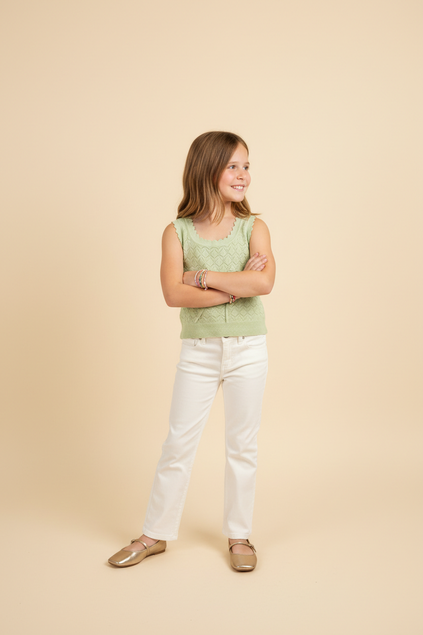 Geo Knit Pattern Scalloped Waist Tie Strap Tank in Sage