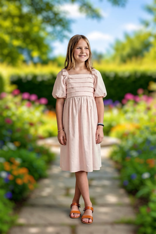 Girls Raised Pleat Detail Bow Detail Puff Sleeve Dress in Blush