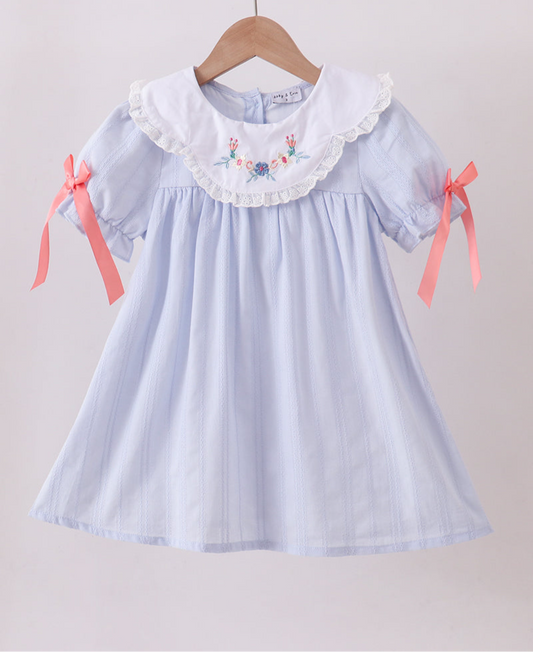 BLUE JACQUARD FLORAL EMBROIDERY DRESS