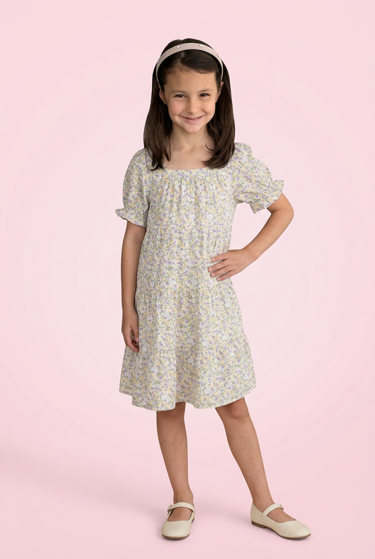 Girls Ditsy Floral Square Neck Tiered Mini Dress