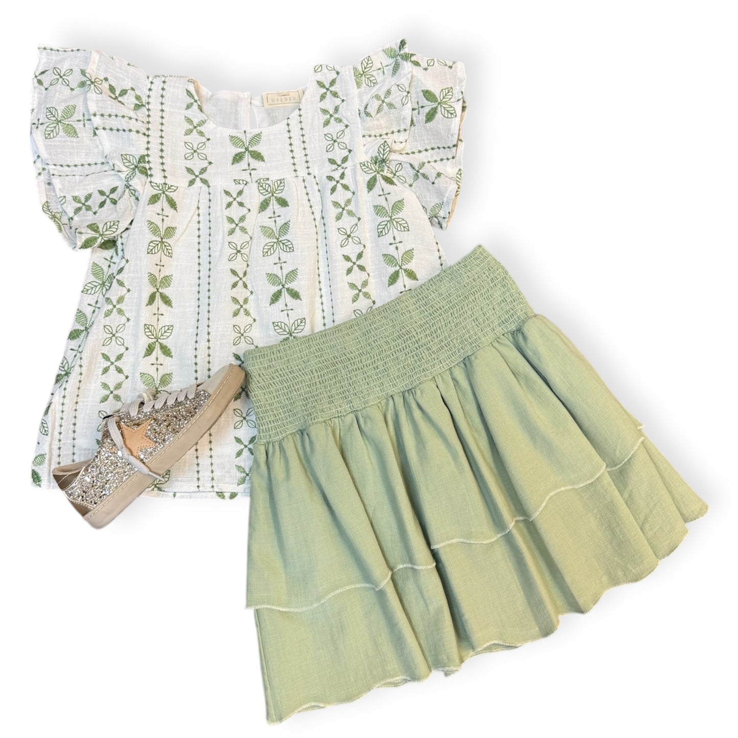 Girls Botanical Embroidered Layered Ruffle Top