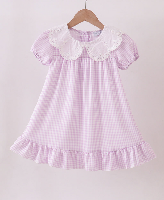 PURPLE SCALLOPED COLLAR LACE GINGHAM RUFFLE DRESS