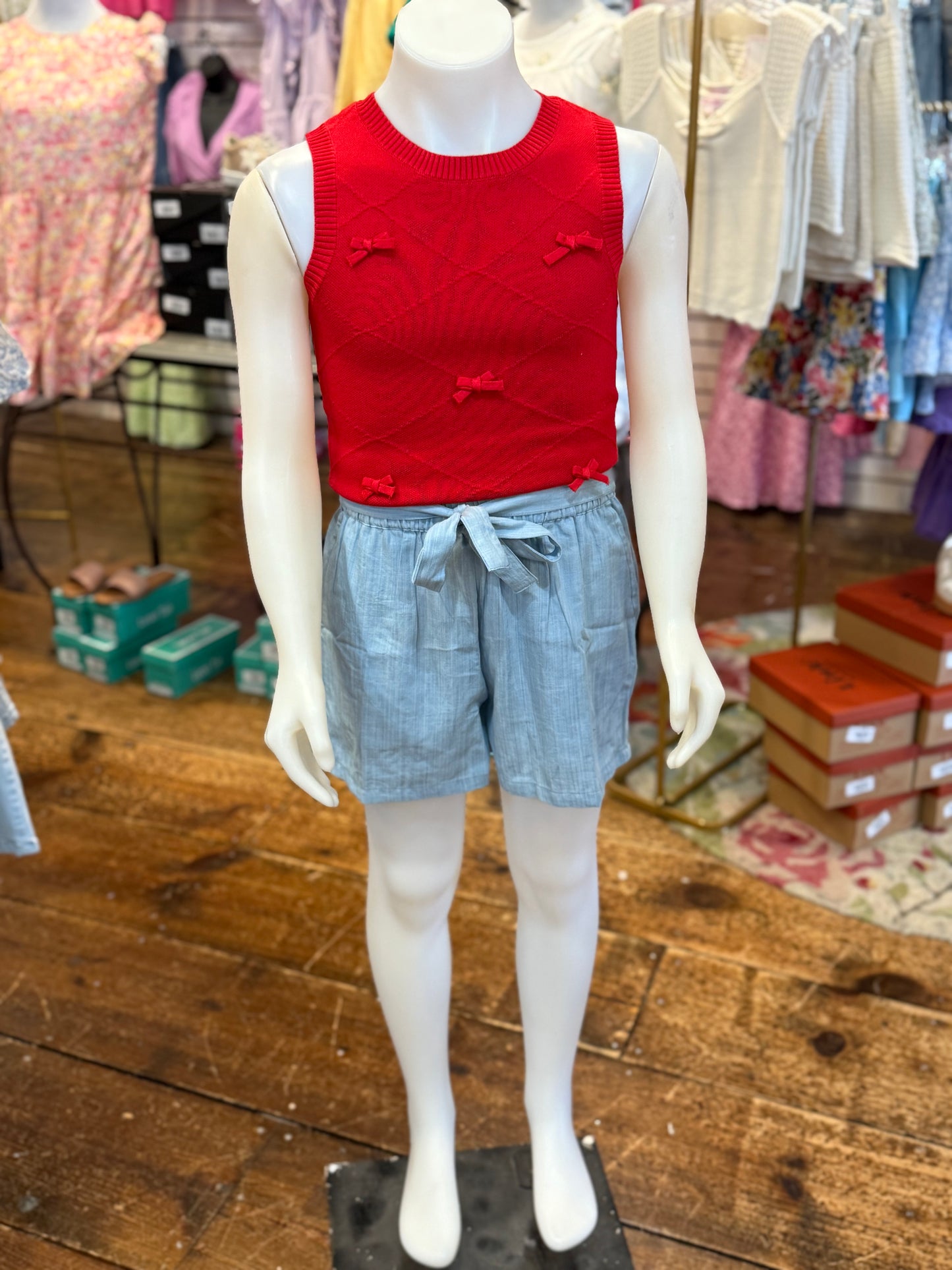Bow Detail Crew Neck Sleeveless Knit Sweater Top in Red
