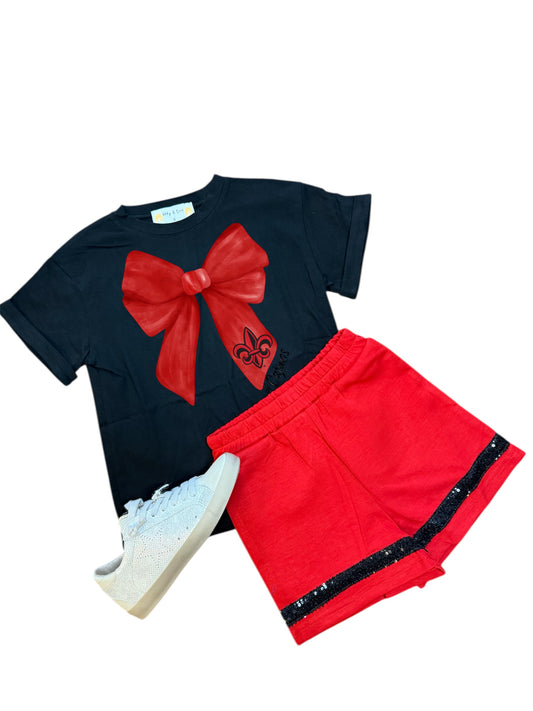 Game Day Black Sequin Stripe Shorts in Red