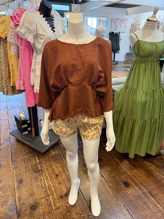 Batwing Linen 2 Tone top in brown