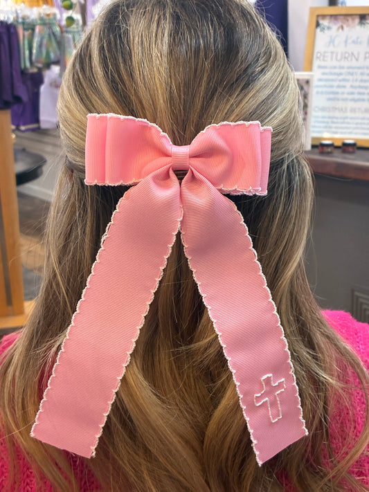 Cross Double Ribbon Pink with white stitching