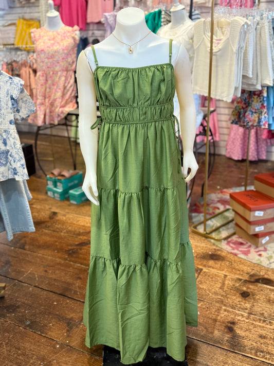 Waist Tie Shirred Tiered Dress in Olive Green