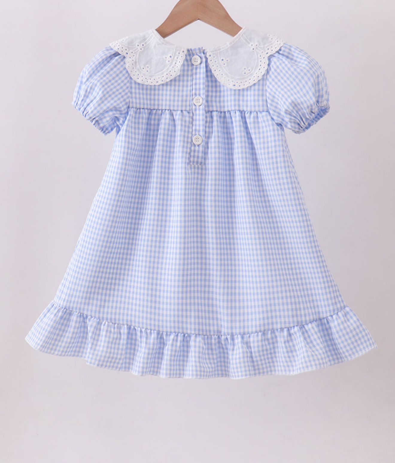 BLUE SCALLOPED COLLAR LACE GINGHAM RUFFLE DRESS