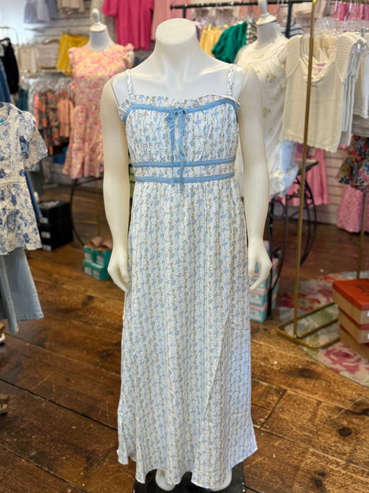 Floral Bow Pattern Spaghetti Strap Dress in Blue