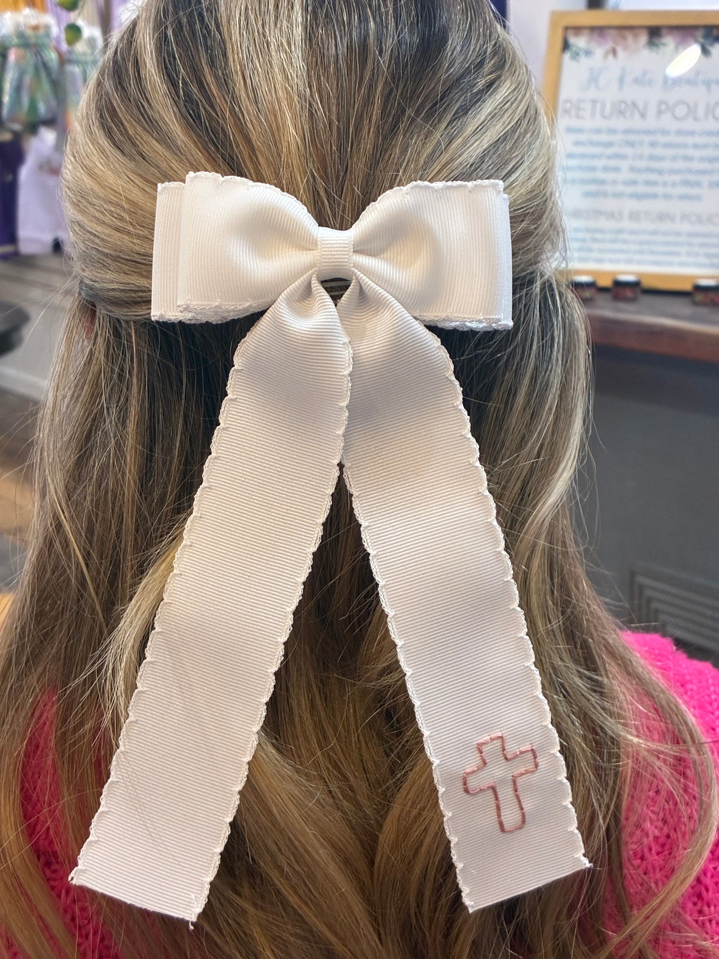 Double Ribbon White with mauve stitching cross