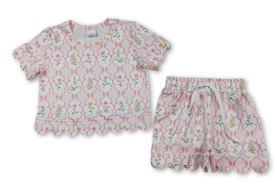 Pink Floral Scallop Short Sleeves Top Shorts Girls Outfits