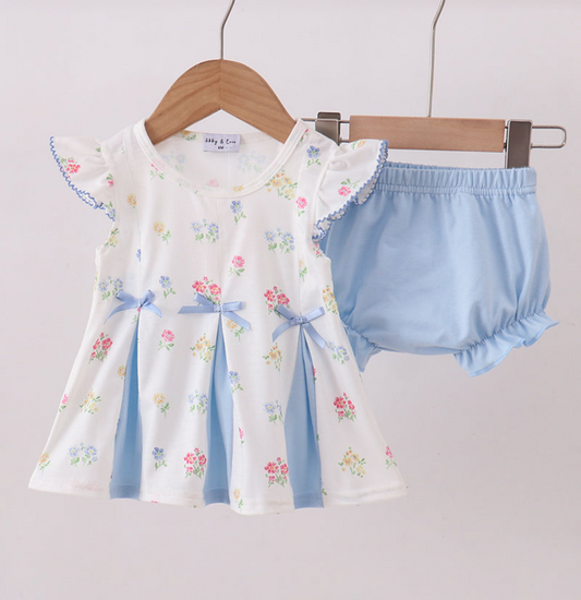 BLUE FLORAL BOW BLOOMER SET