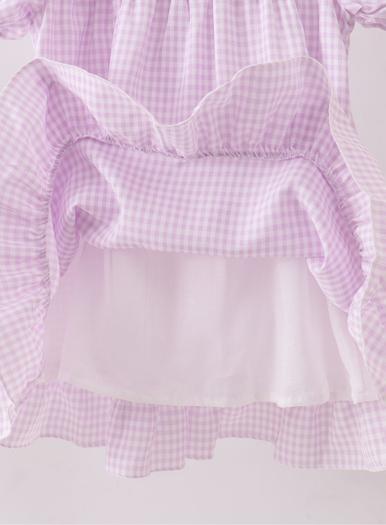 PURPLE SCALLOPED COLLAR LACE GINGHAM RUFFLE DRESS