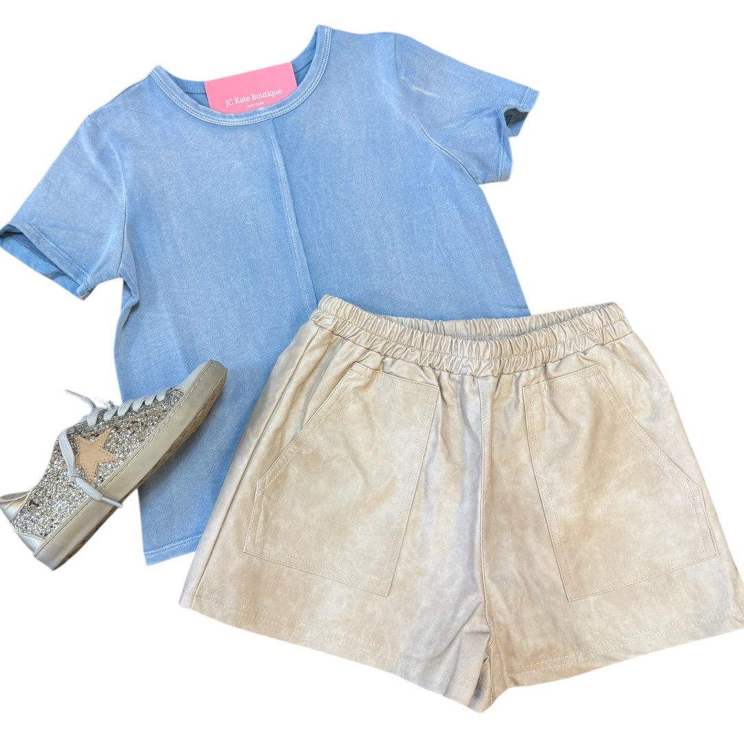 Girls Raw Edge Detail Washed Knit Top in Blue