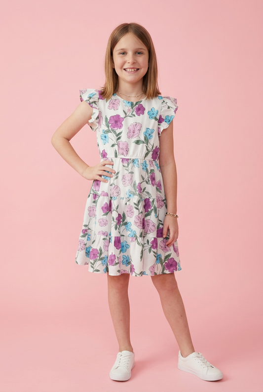 Girls Floral Print Ruffle Sleeve Textured Dress