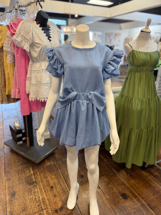 2 Tone linen Ruffle top blue