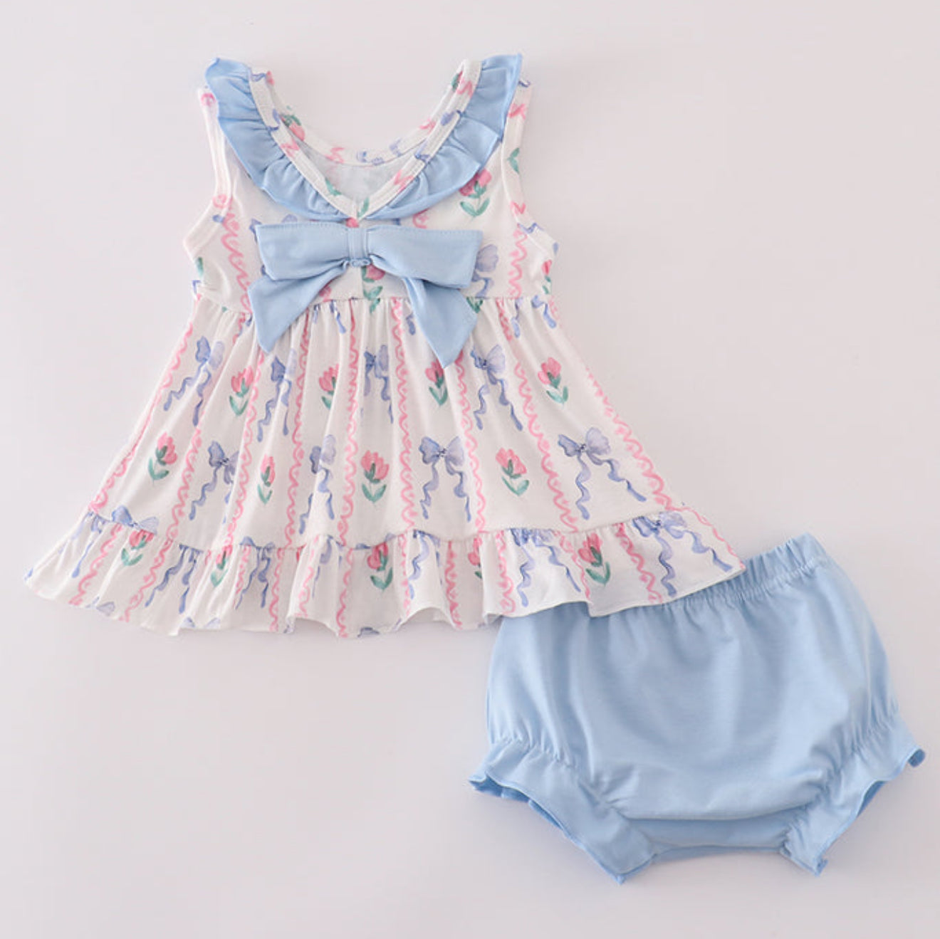 BLUE FLORAL BOW RUFFLE BLOOMER SET