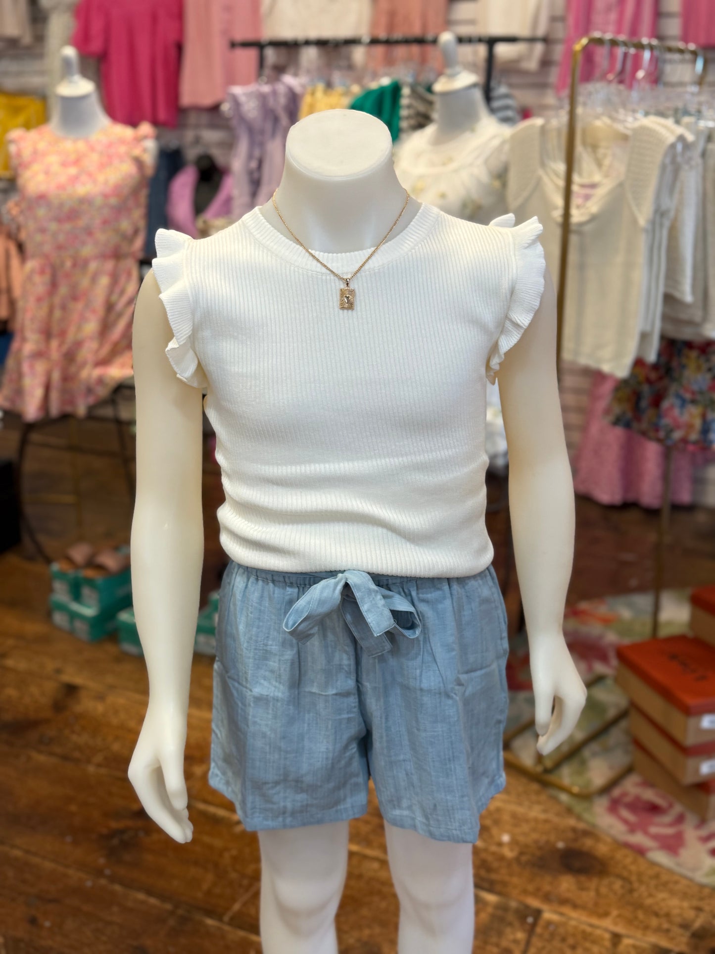 Ruffle Sleeveless Sweater Knit Top in Light White