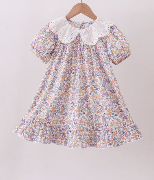 PURPLE FLORAL LACE RUFFLE DRESS