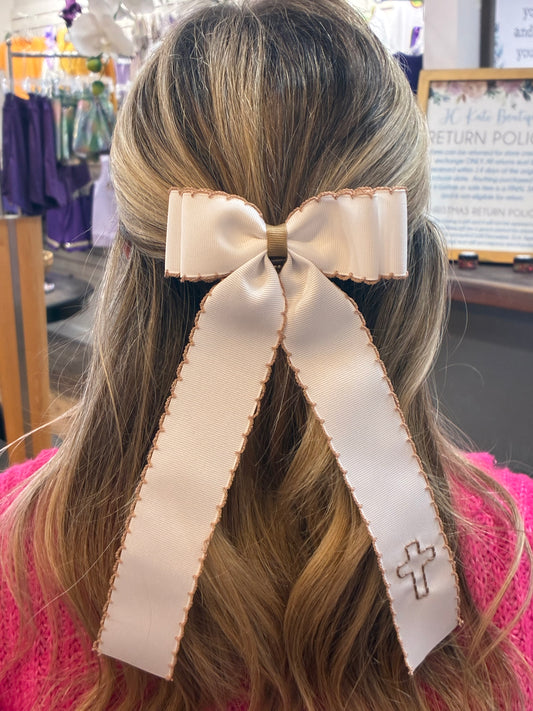 Cross Double Ribbon White with brown stitching