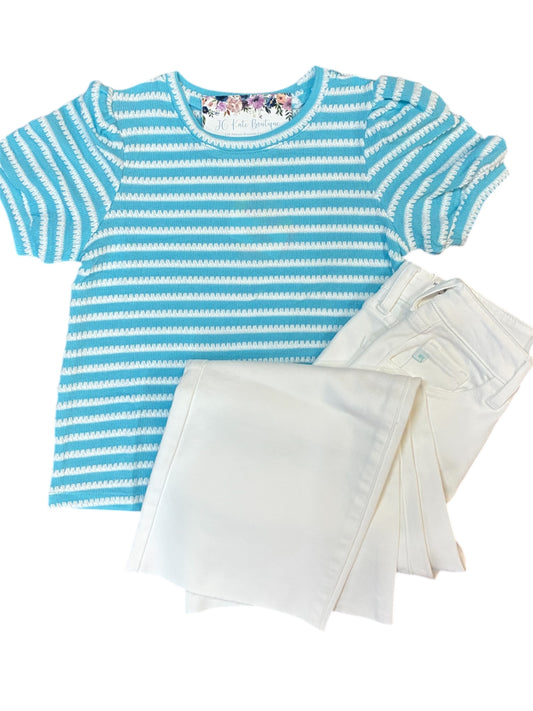 Girls Textured Stripe Puff Sleeve Knit Top in Blue