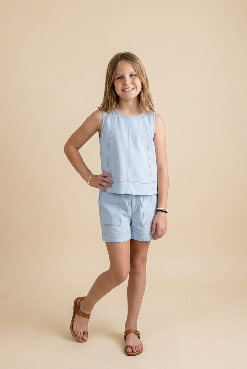 Girls Contrast Stitched Panel Detail Knit Tank in Light Blue