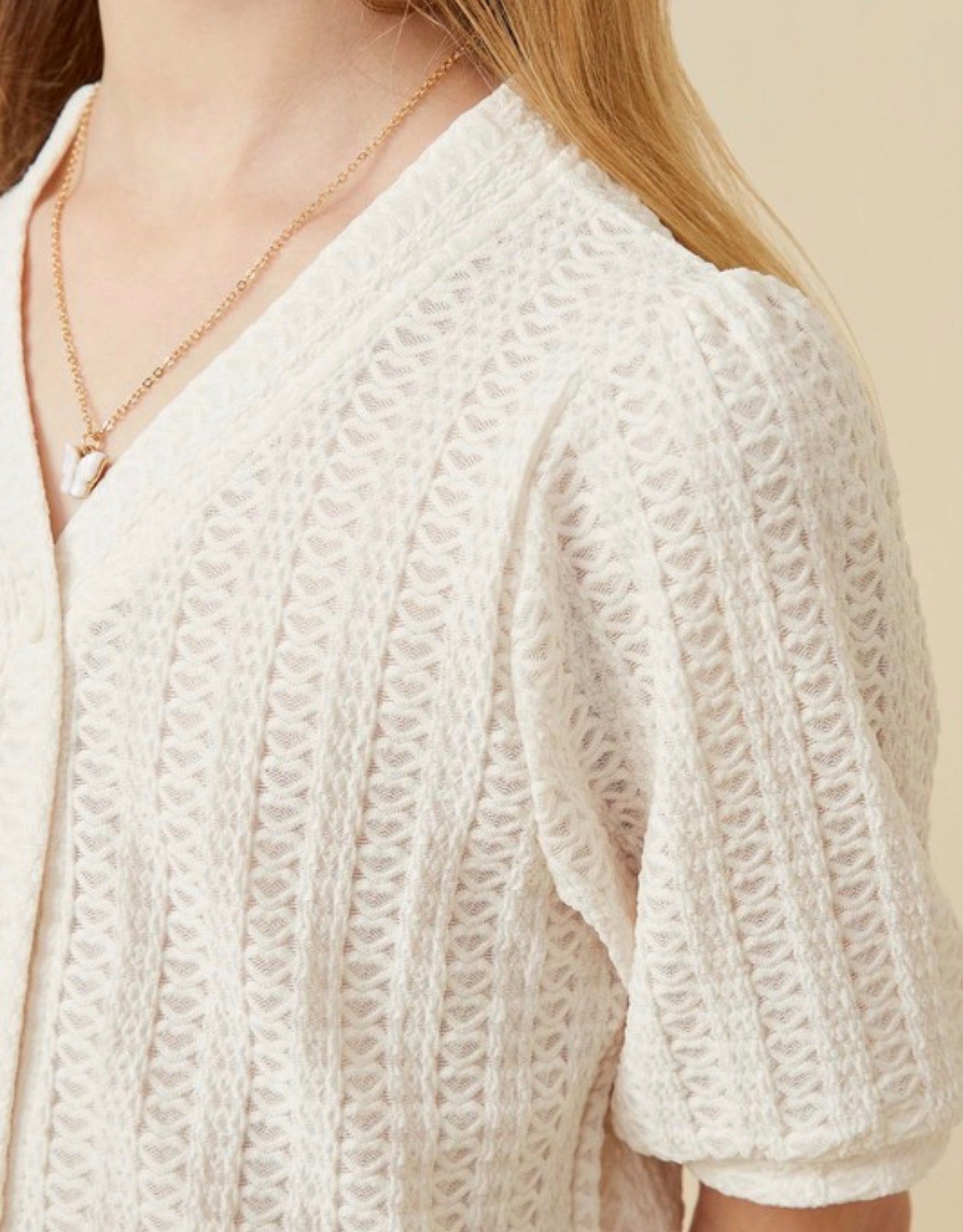 Girls knitted puff sleeve top in Ivory