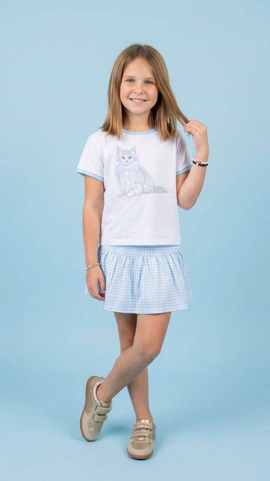BLUE GINGHAM BOW KITTY WHITE RINGER BOXY