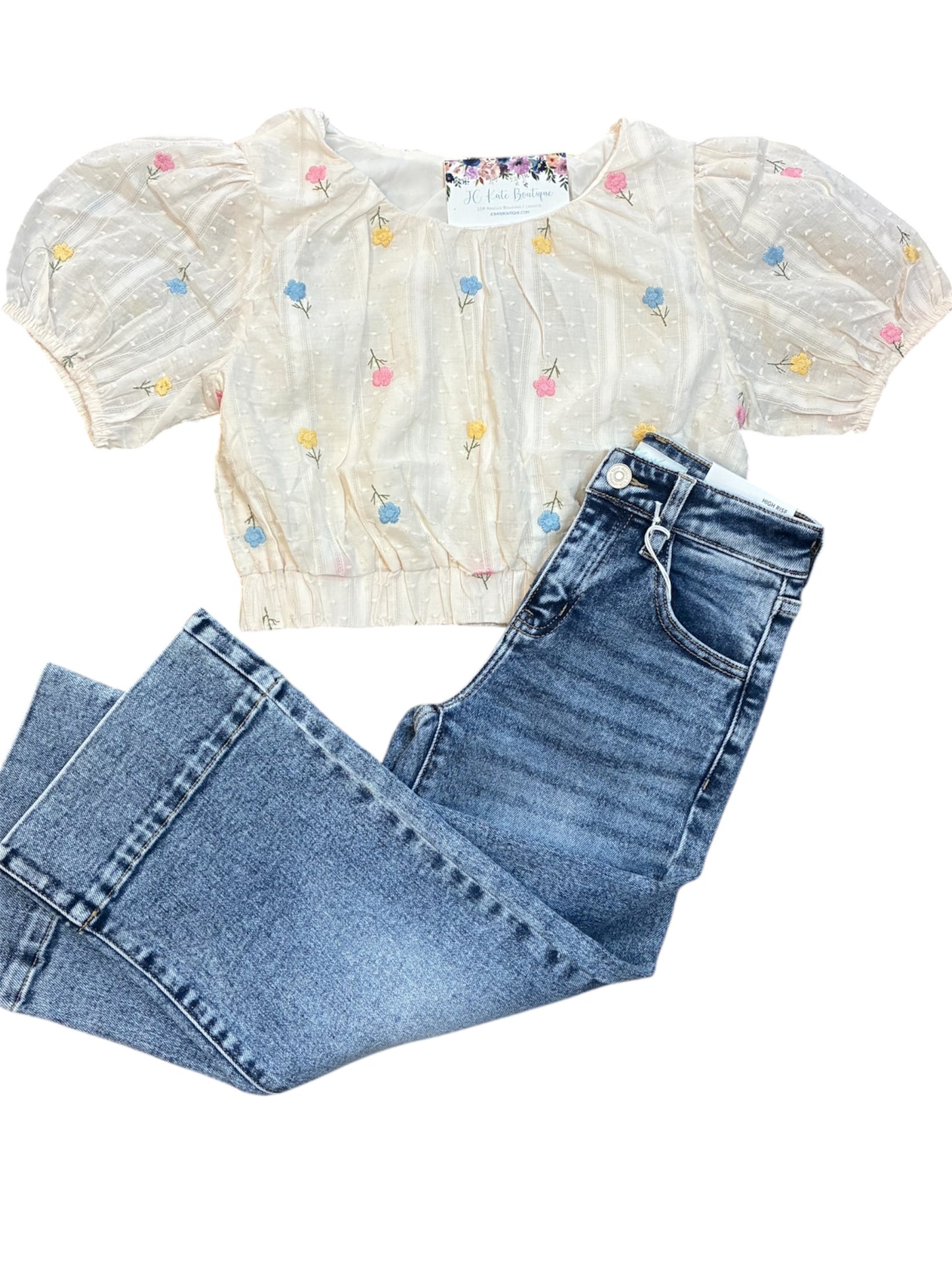 Floral Embroidery Clip Dot Pattern Top