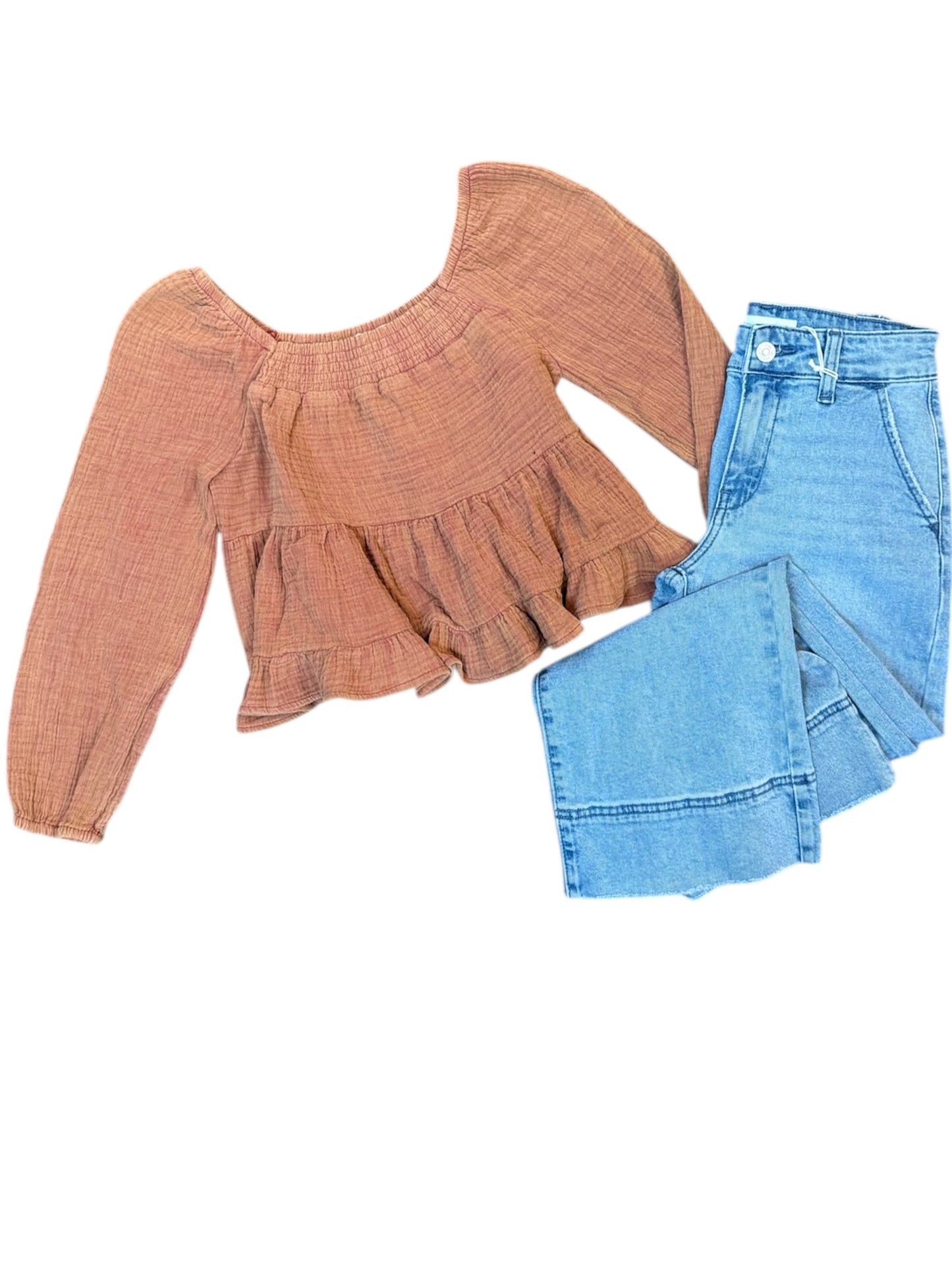 Girls Smock Detailed Textured Washed Peplum Top
